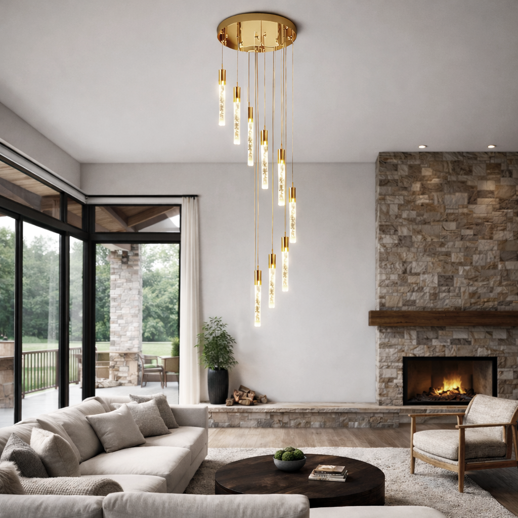 Люстра каскадна золота на 9 / 12 підвісів D-40 cm/ D-50 cm см Led 45W / 60W 4000K Gold tubes Bubble Slim Circle 240219-100003081