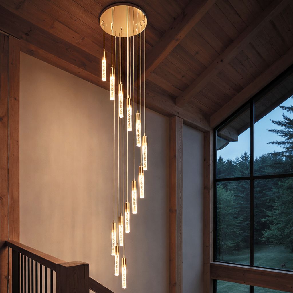 Люстра каскадна золота на 9 / 12 підвісів D-40 cm/ D-50 cm см Led 45W / 60W 4000K Gold tubes Bubble Slim Circle 240219-100003081