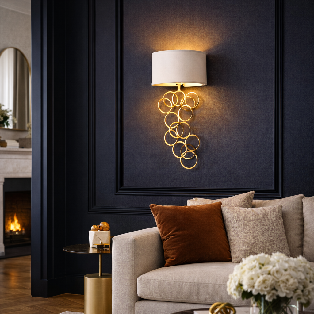Бра з кільцями срібло/золото та білим абажуром D-16 cm L-55 cm Gold / Silver Wall Lamp 211222-100000557