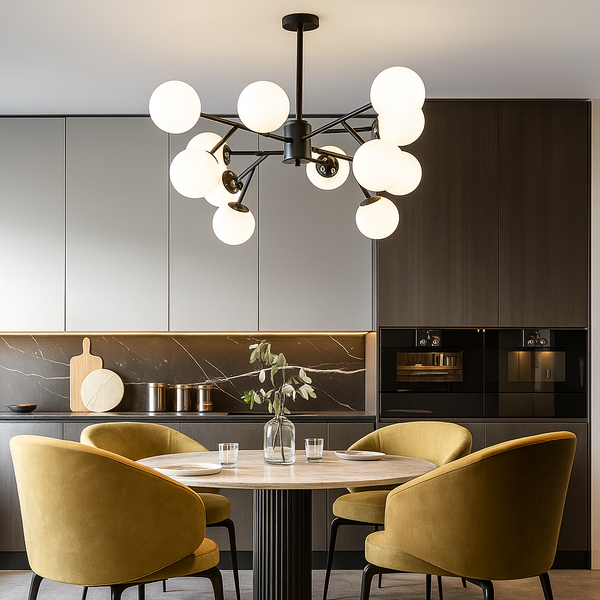 Люстра чорна зі скляними білими матовими плафонами E27x12 L-90cm Black Berries Bollo 240958-100003782