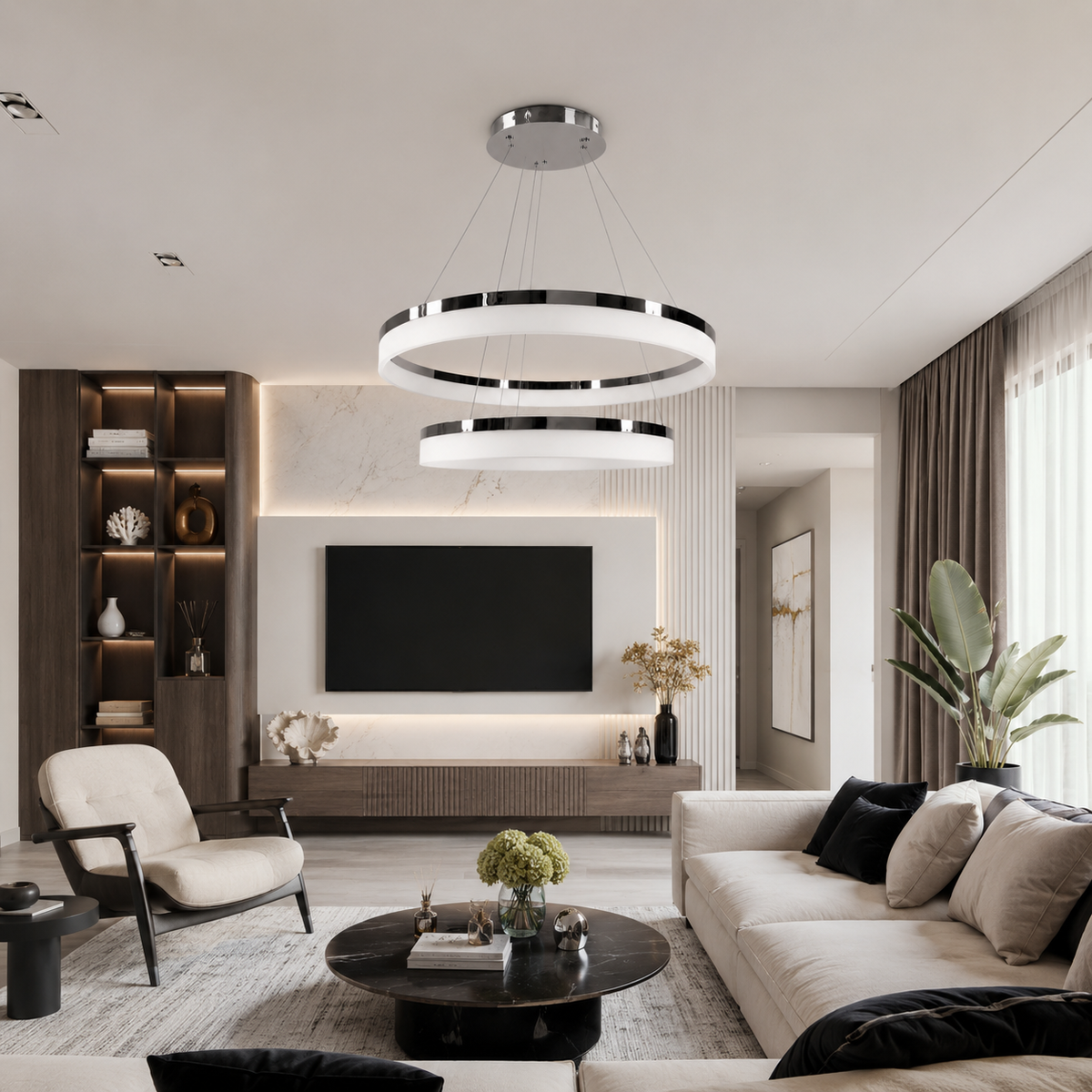 Люстра хромована на 2 кільця Н-170 см D-60+80 см Led 102W Rimy Chrome 260518-100008031