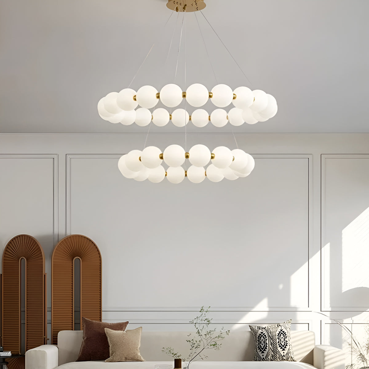 Люстра подвійна золота з білими плафонами Перлинами D-60+40 cm Led 124W Gold+White Pearls 250918-100005894