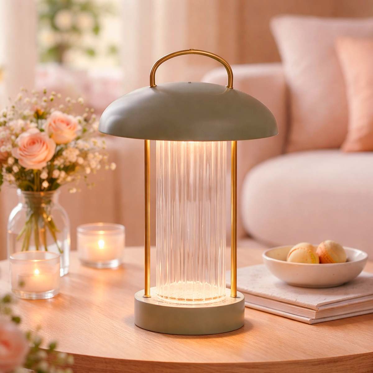 Лампа настільна зелена акумуляторна з димуванням та прозорим плафоном H-29 cm Led 3W Green Dome 260209-100007487