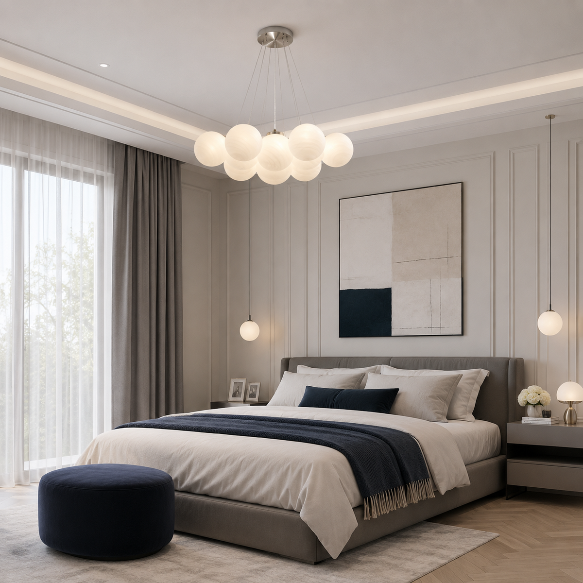 Підвісна люстра нікель на 7/ 13/ 19 ламп Satin + White Pumpo bubbles 260619-100008212