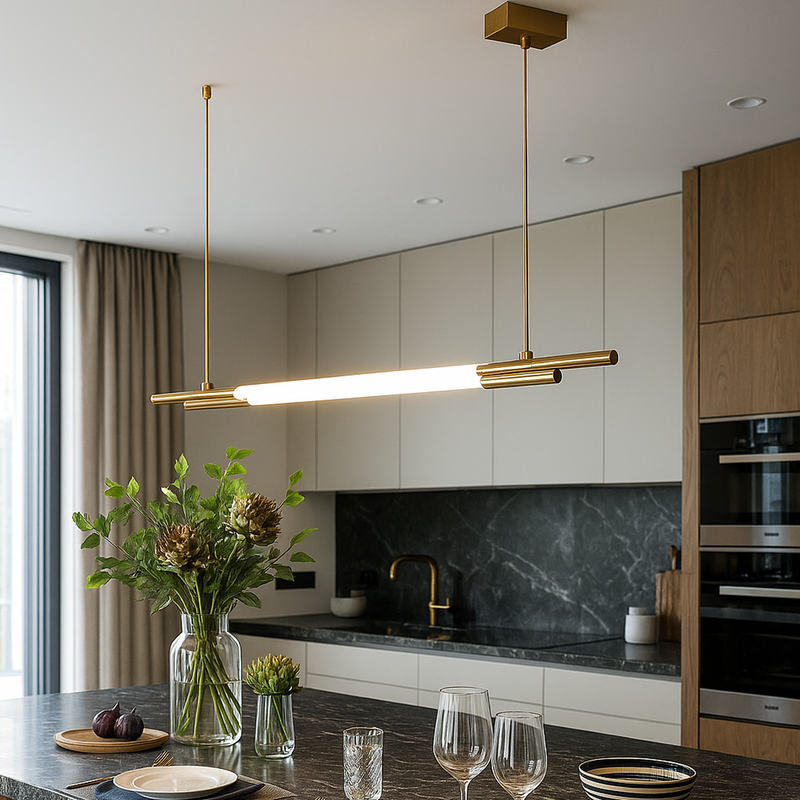 Люстра біла трубчаста видовжена з латунними елементами Led 30W / 50W / 64W / 78W Gold Linear Tube 251118-100006503