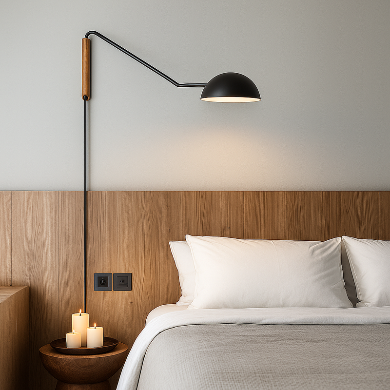 Бра чорне з дерев'яним тримачем та з вимикачем зі значним відступом H-36 cm E27 Line – Up Black / Gold 220414-100000732