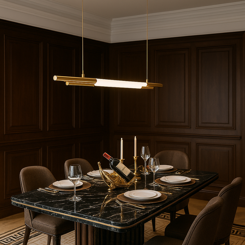 Люстра біла трубчаста видовжена з латунними елементами Led 30W / 50W / 64W / 78W Gold Linear Tube 251118-100006503