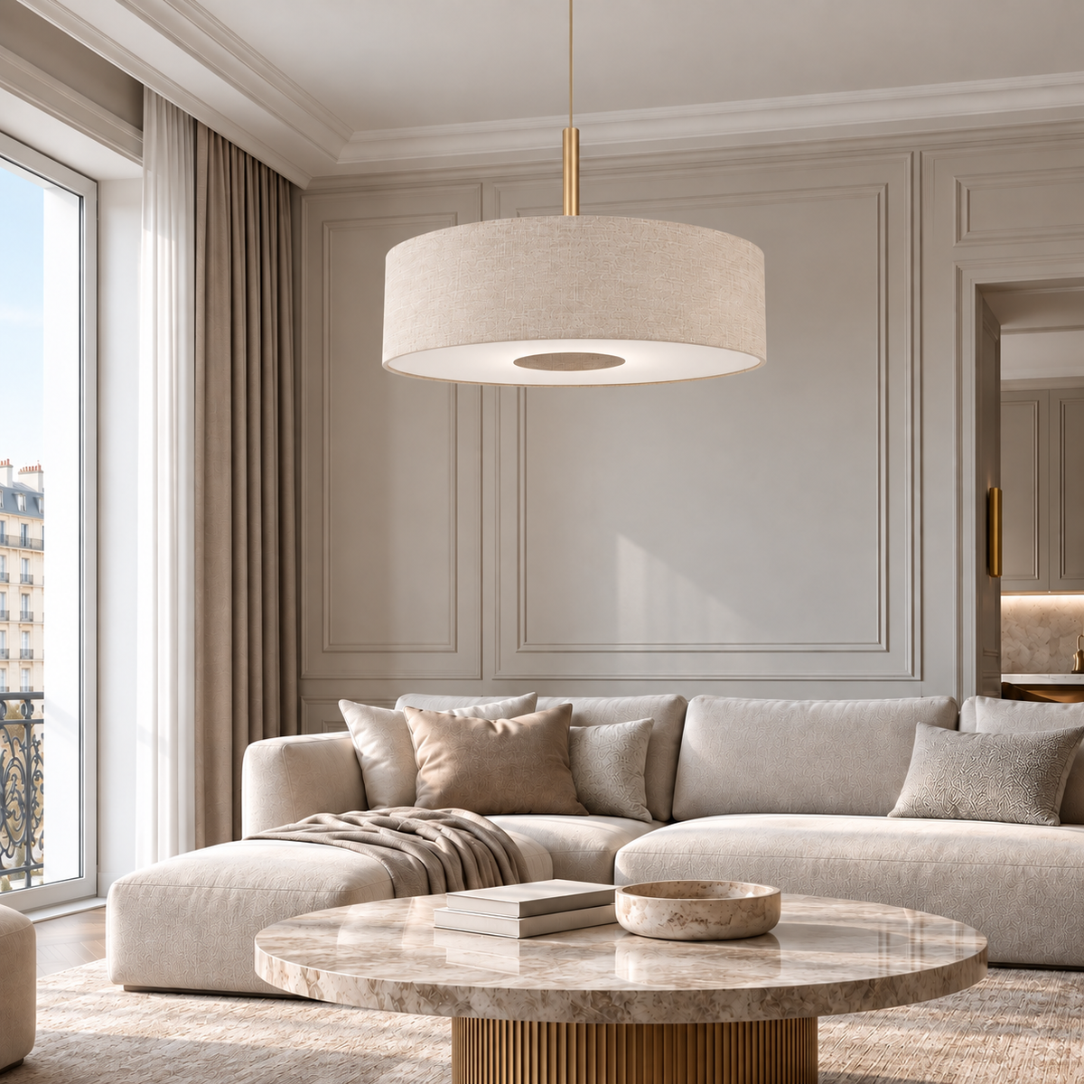 Люстра золота з бежевим текстильним плафоном D - 65 cm E27 Gold + Beige Twid 260968-100009050
