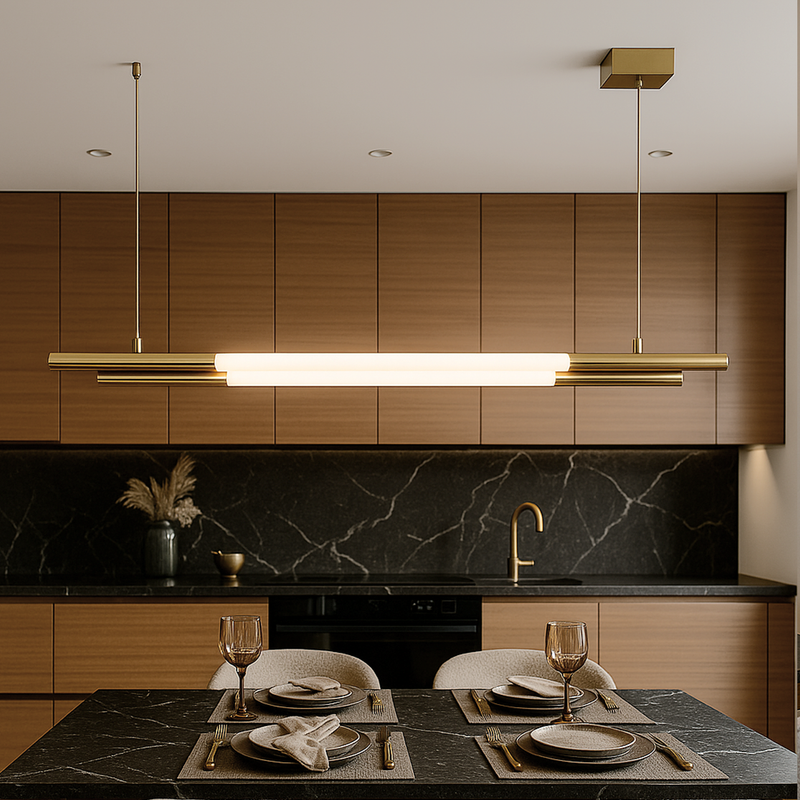 Люстра біла трубчаста видовжена з латунними елементами Led 30W / 50W / 64W / 78W Gold Linear Tube 251118-100006503