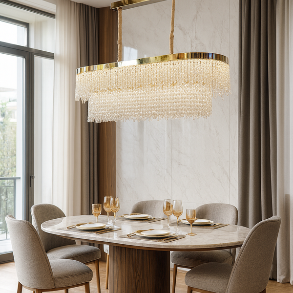 Люстра золота видовжена каскадна з кришталевим плафоном L-100 cm Led 265W Gold Crystal Cascade Long 251235-100006788