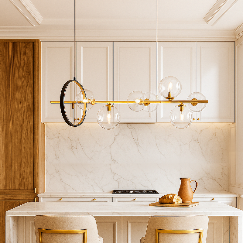 Люстра підвісна золота з чорним Led колом та прозорими плафонами L-90 cm Led+G9x7  12W Modo Bubbles Black+Gold+Clear 251131-100006607