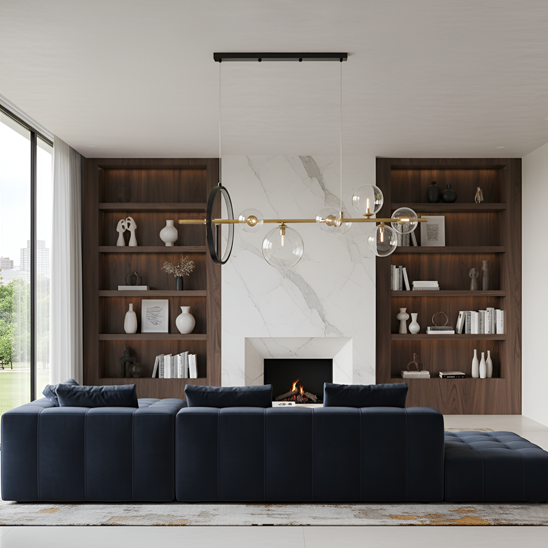 Люстра підвісна золота з чорним Led колом та прозорими плафонами L-90 cm Led+G9x7  12W Modo Bubbles Black+Gold+Clear 251131-100006607