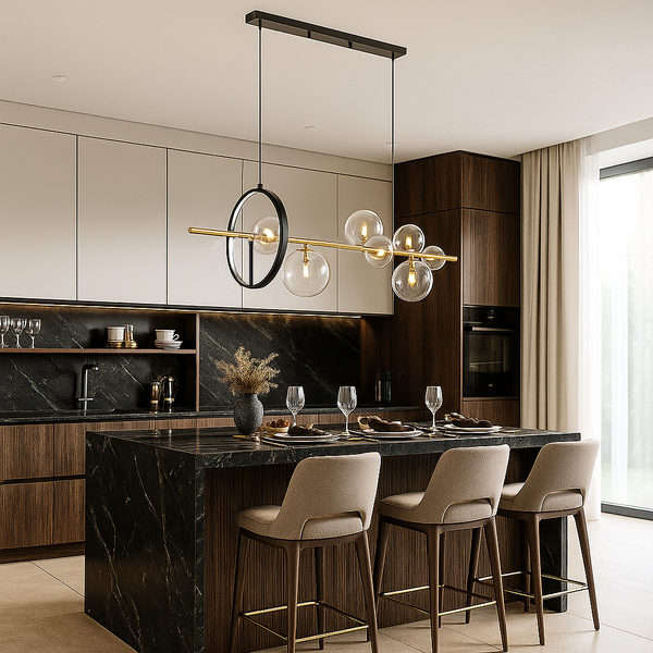 Люстра підвісна золота з чорним Led колом та прозорими плафонами L-90 cm Led+G9x7  12W Modo Bubbles Black+Gold+Clear 251131-100006607