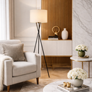 Торшер тринога чорний з текстильним бежевим абажуром D-40 cm E27 Beige Barrel Floor Lamp 251240-100006910