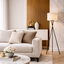Торшер тринога чорний з текстильним бежевим абажуром D-40 cm E27 Beige Barrel Floor Lamp 251240-100006910
