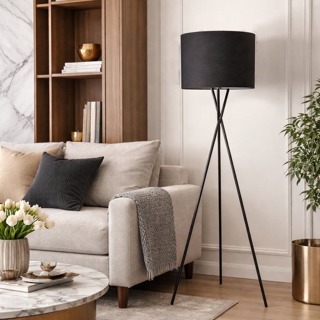 Торшер тринога чорний з чорним текстильним абажуром D-40 cm E27 Black Barrel Floor Lamp 250740-100005492