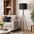 Торшер тринога чорний з чорним текстильним абажуром D-40 cm E27 Black Barrel Floor Lamp 250740-100005492