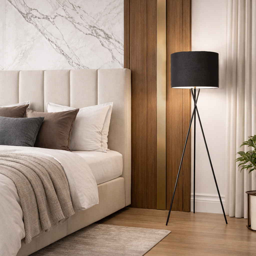 Торшер тринога чорний з чорним текстильним абажуром D-40 cm E27 Black Barrel Floor Lamp 250740-100005492