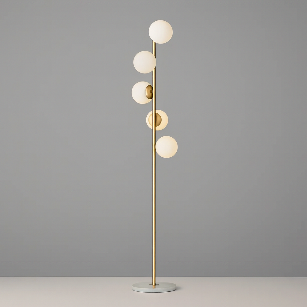 Золотий торшер з білими плафонами H-177 cm Е27x5 ламп Gold+White Pearl floor lamp 251165-100006643