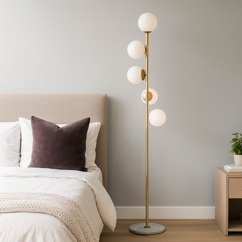 Золотий торшер з білими плафонами H-177 cm Е27x5 ламп Gold+White Pearl floor lamp 251165-100006643