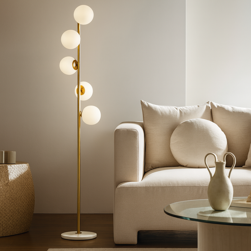 Золотий торшер з білими плафонами H-177 cm Е27x5 ламп Gold+White Pearl floor lamp 251165-100006643