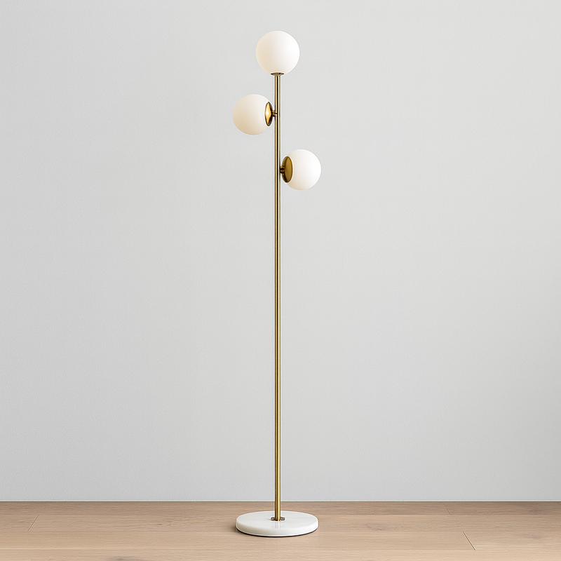 Золотий торшер з білими плафонами H-167 cm Е27x3 лампи Gold + White Pearl floor lamp 251165-100006646