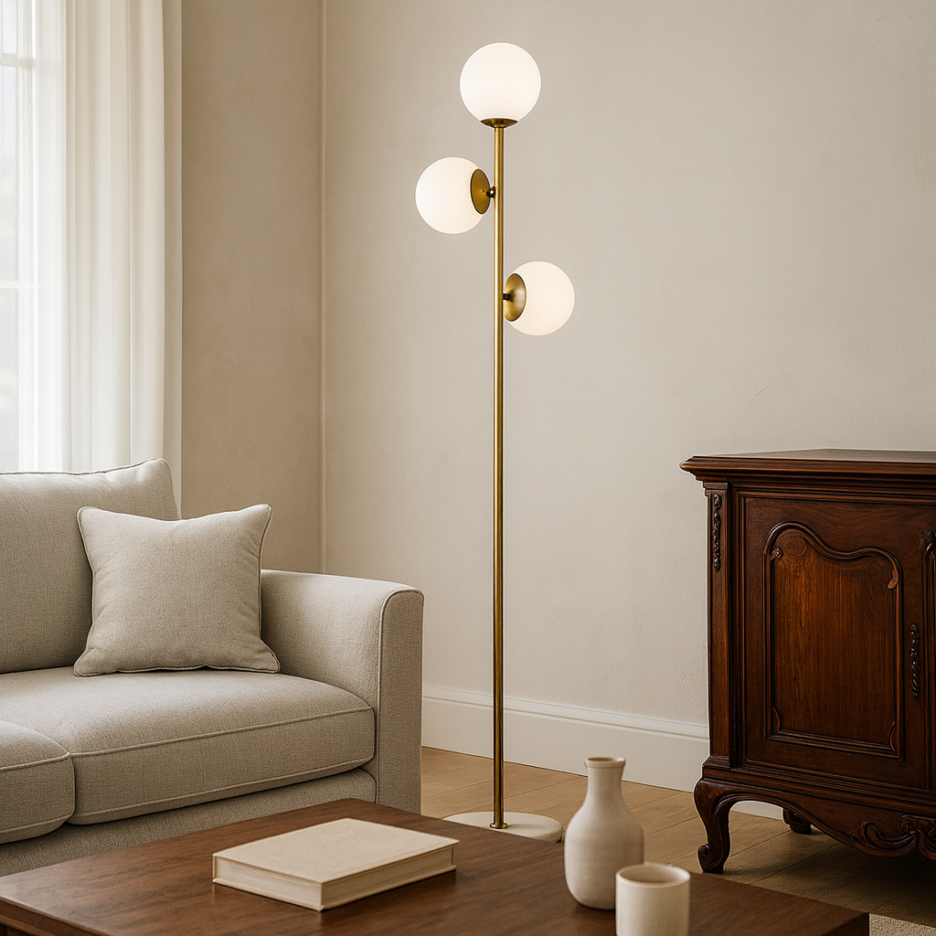 Золотий торшер з білими плафонами H-167 cm Е27x3 лампи Gold + White Pearl floor lamp 251165-100006646