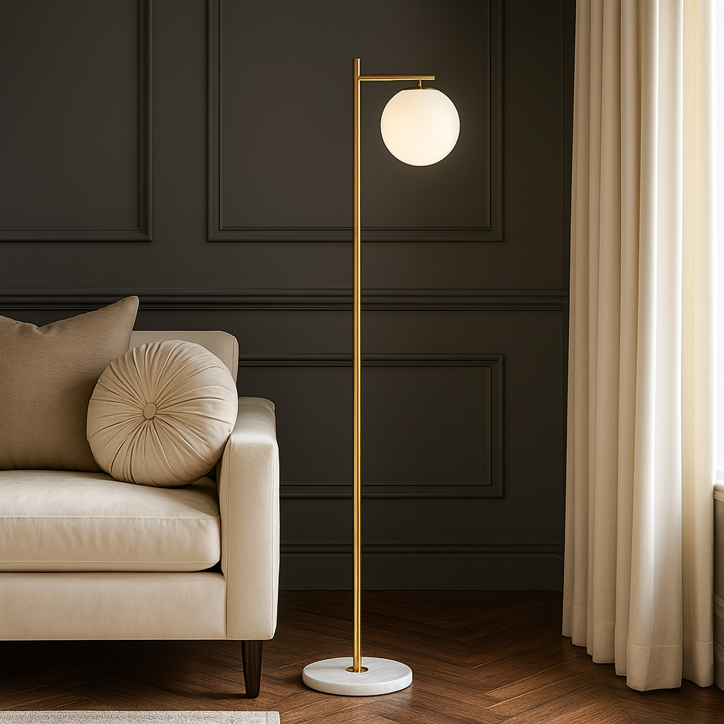 Золотий торшер з білим плафоном H-157 cm Е27 Gold + White Pearl floor lamp 251165-100006647