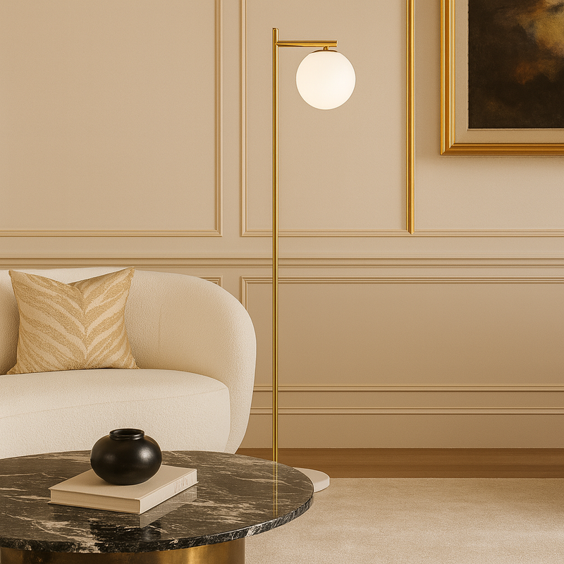 Золотий торшер з білим плафоном H-157 cm Е27 Gold + White Pearl floor lamp 251165-100006647