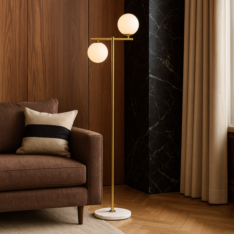 Золотий торшер з білими плафонами H-160 cm Е27х2 Gold + White Pearl floor lamp 251165-100006648