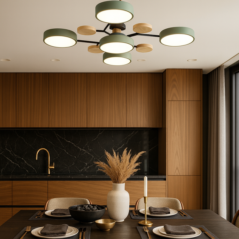 Люстра з дерева сіра / зелена D-75 cm H-17 cm 60W Led 4100К Grey/Green Wooden Ceiling 230958-100002589