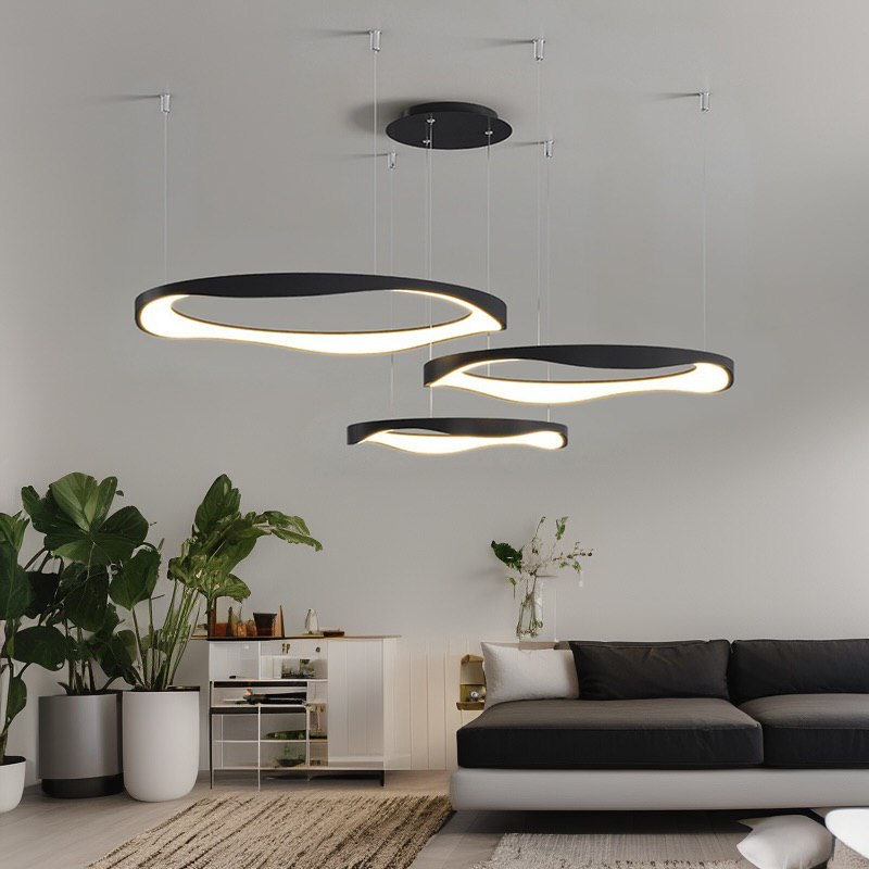 Люстра підвісна чорна з пультом та димуванням D-42+52+62 cm Led 200W Wavy ring Black 250235-100004201