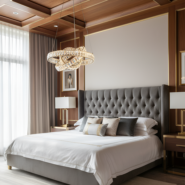 Люстра підвісна золота з кришталевим плафоном з пультом D-50 см Gold Crystal diamond 3 circles 251176-100006679