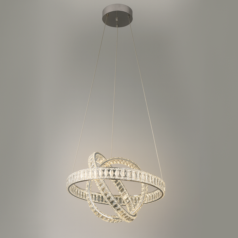 Люстра підвісна срібна з кришталевим плафоном з пультом D-50см / 60 см Chrome Crystal diamond 3 circles 251176-100006678