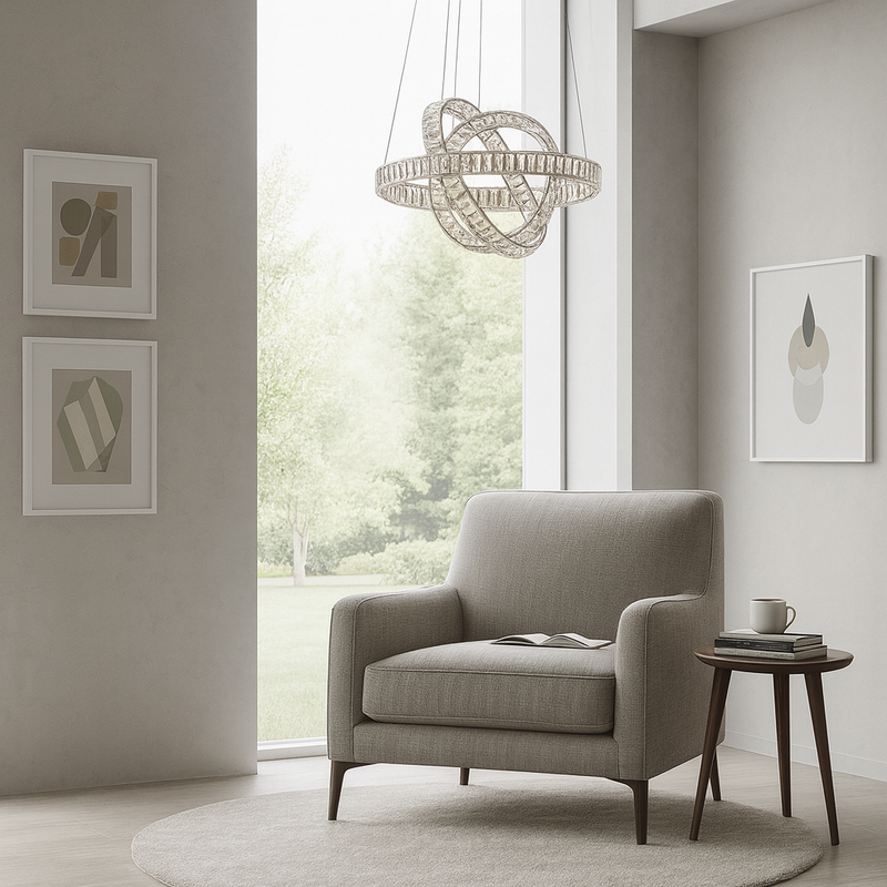 Люстра підвісна срібна з кришталевим плафоном з пультом D-50см / 60 см Chrome Crystal diamond 3 circles 251176-100006678