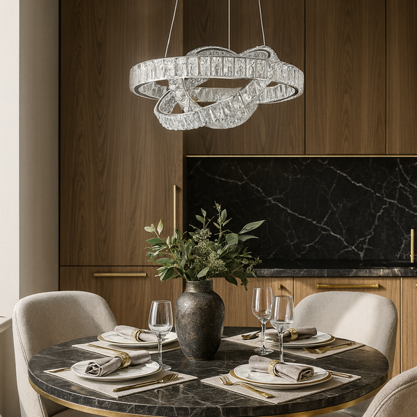 Люстра підвісна срібна з кришталевим плафоном з пультом D-50см / 60 см Chrome Crystal diamond 3 circles 251176-100006678