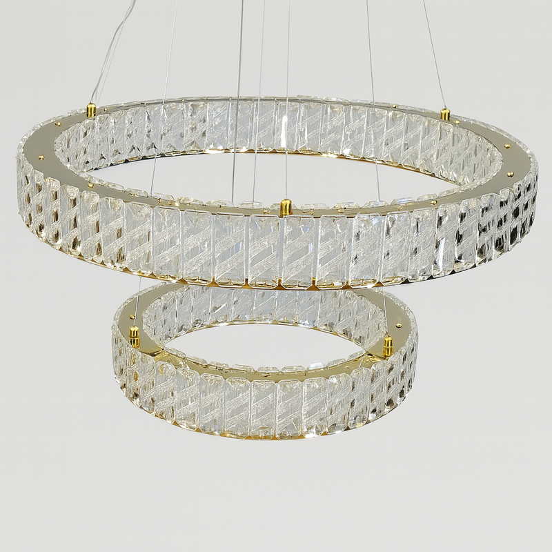 Люстра золота подвійна кільцева з кришталевим плафоном з візерунком 60+40 cm / 80+50 cm Gold Double Crystal Lattice Nice 251235-100006781