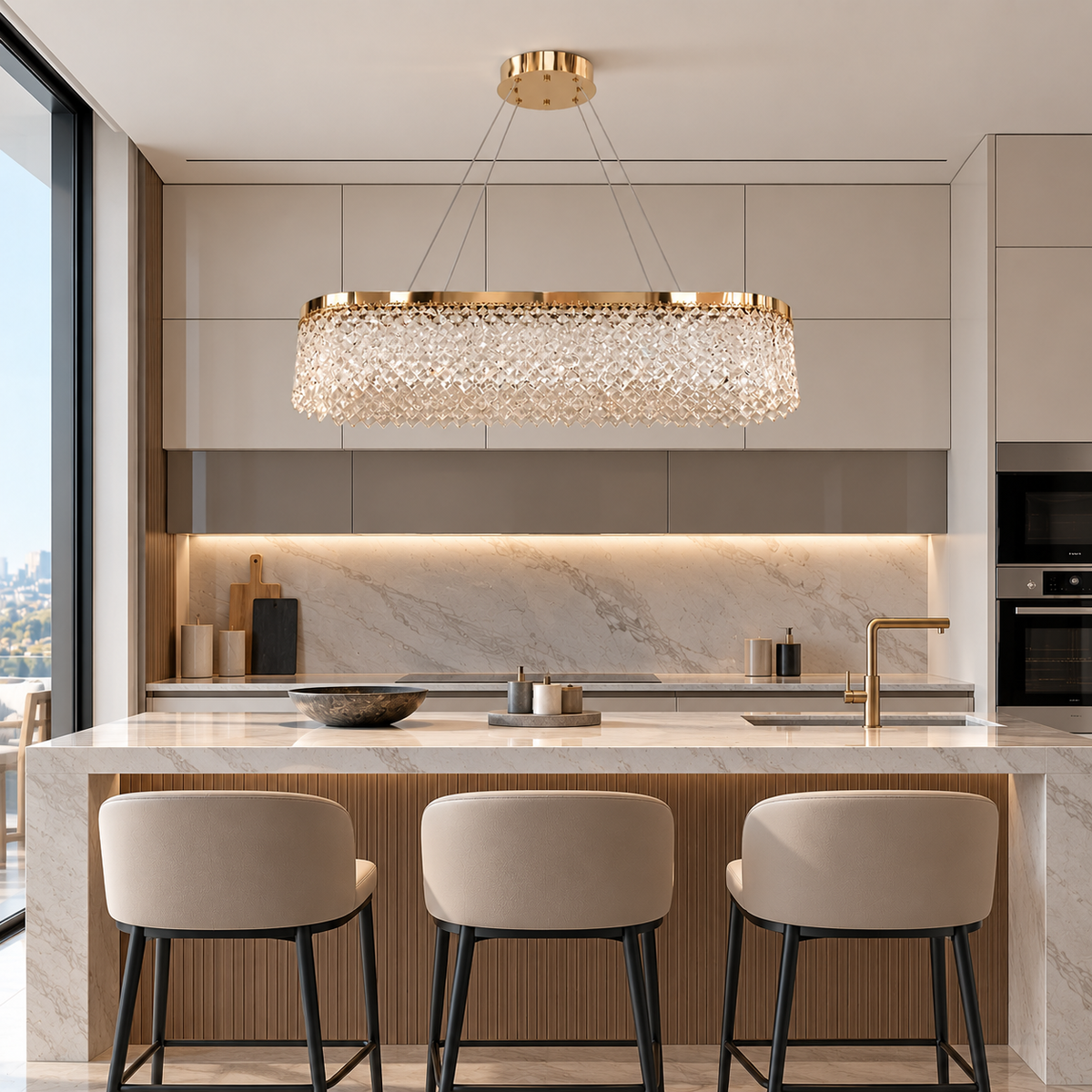 Люстра видовжена золота з фігурним плафоном L - 98 cm Led 98W Gold Crystal Rombs 260935-100009021