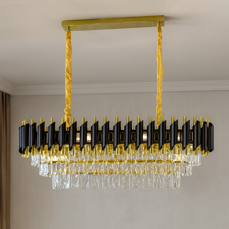 Люстра золота видовжена з плафоном з чорного та прозорого скла L-80 cm W-30 cm E14x8 Black Crown 251188-100006719