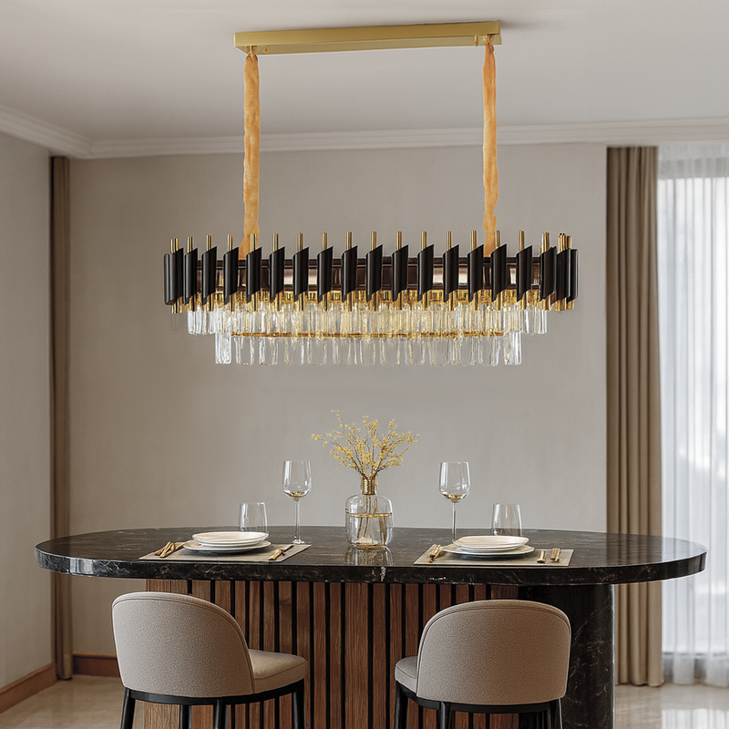 Люстра золота видовжена з плафоном з чорного та прозорого скла L-80 cm W-30 cm E14x8 Black Crown 251188-100006719