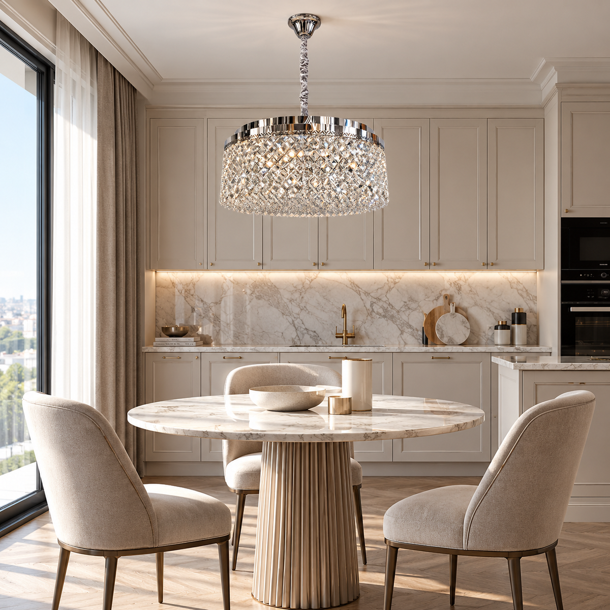 Люстра срібна підвісна з кришталевим плафоном D - 55,5 cm Led 89W + E14 x 8 Chrome Crystal Rombs 260935-100009026
