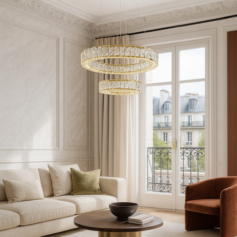 Люстра золота подвійна кільцева з кришталевим плафоном з візерунком 60+40 cm / 80+50 cm Gold Double Crystal Lattice Nice 251235-100006781