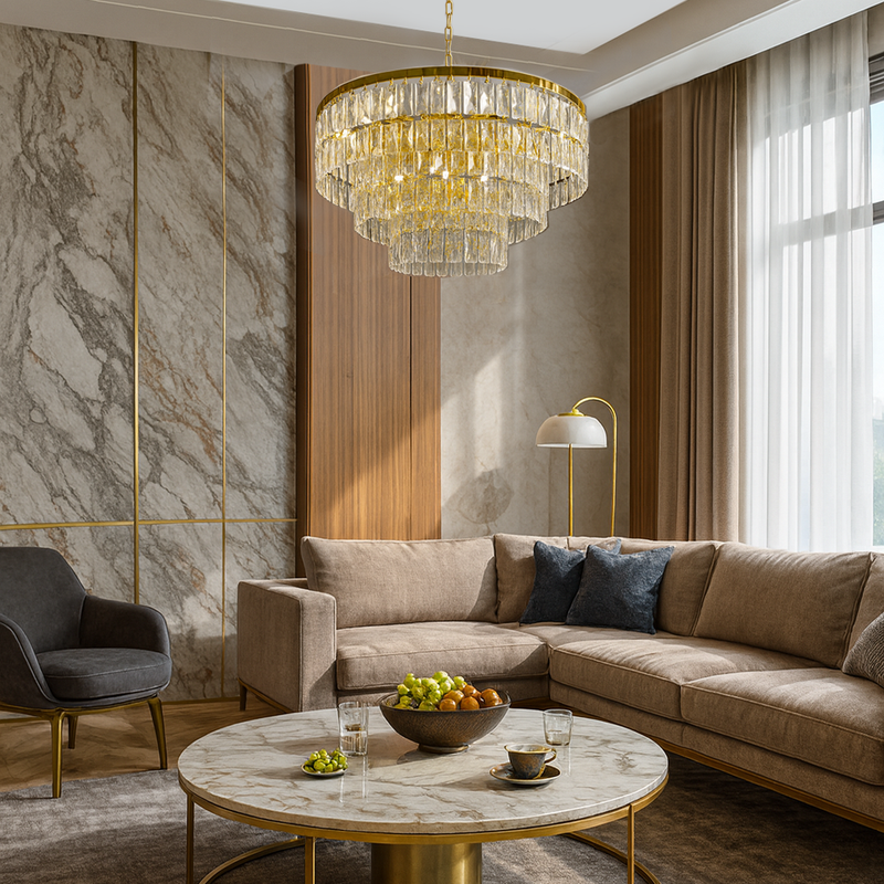 Люстра золота з багаторівневим плафоном з прозорого скла D-60 cm E14 Cascade 251188-100006721