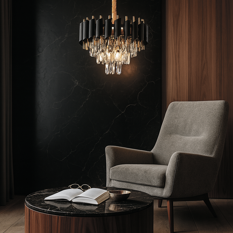 Люстра золота з плафоном з чорного та прозорого скла D-40 cm / D-50 cm / D-60 cm E14x5 / 6 / 9 ламп Black Crown 251188-100006717