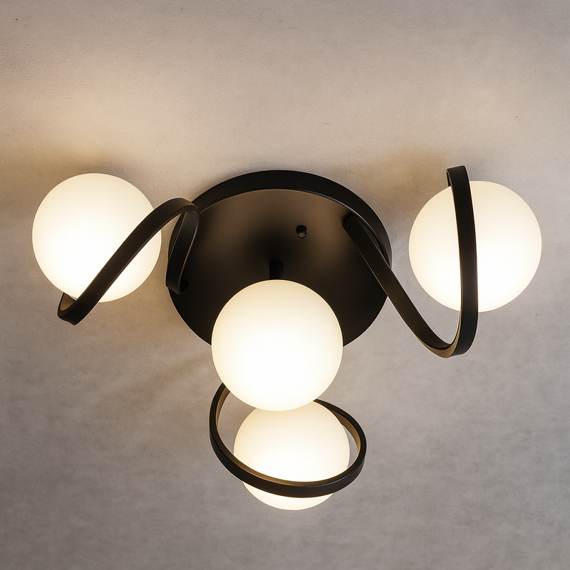 Люстра чорна стельова з 4 білими матовими плафонами D-40 cm E27x4 Black Swirl Bollo 251188-100006716