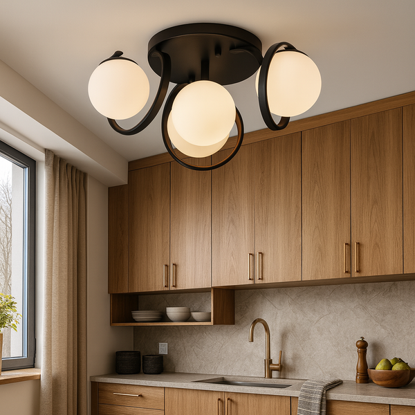 Люстра чорна стельова з 4 білими матовими плафонами D-40 cm E27x4 Black Swirl Bollo 251188-100006716