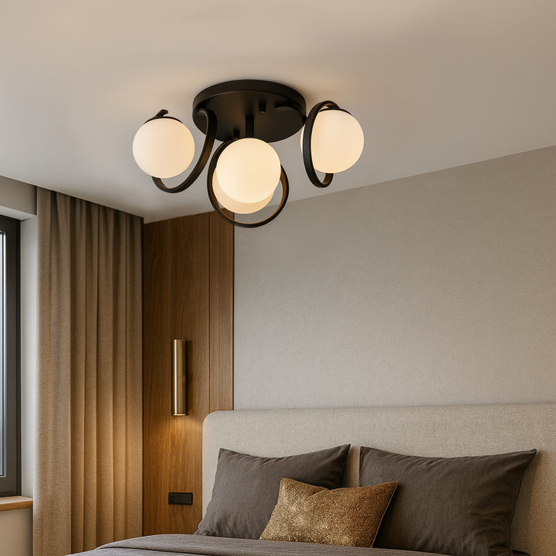 Люстра чорна стельова з 4 білими матовими плафонами D-40 cm E27x4 Black Swirl Bollo 251188-100006716