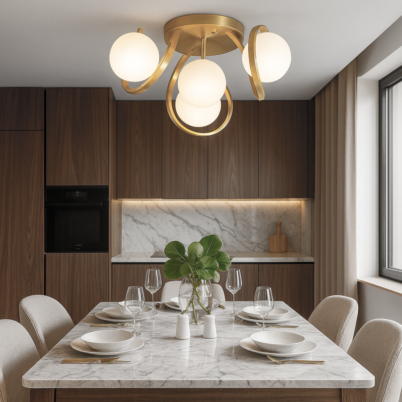 Люстра золота стельова з 4 білими матовими плафонами D-40 cm E27x4 Gold Swirl Bollo 251188-100006715