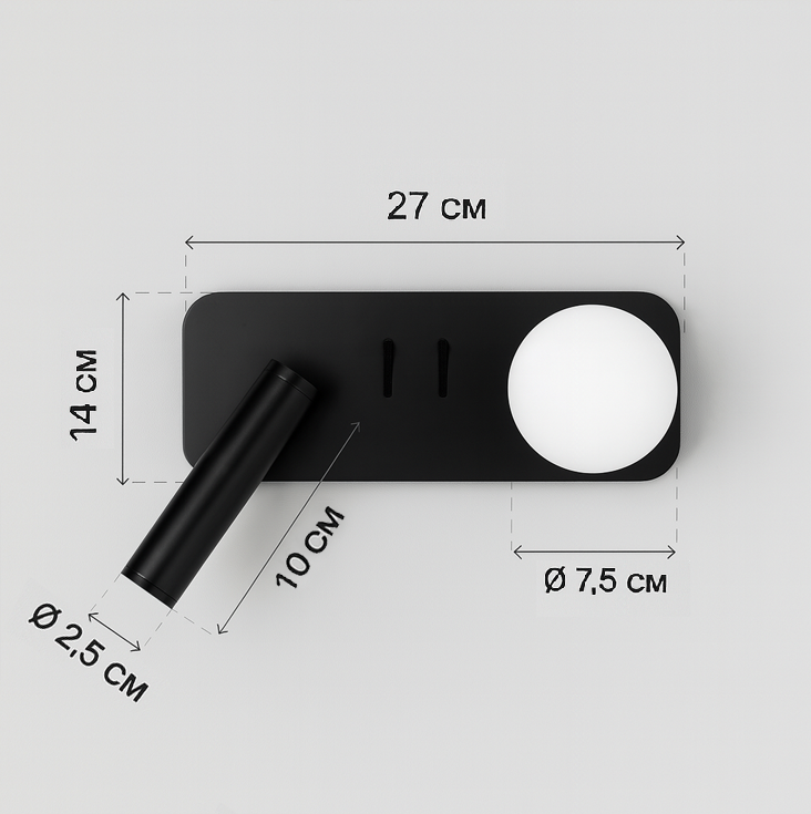 Настінний світильник чорний зі спотом лівий L-27 cm Led 4,9W Black Tube Bollo 250818-100005775