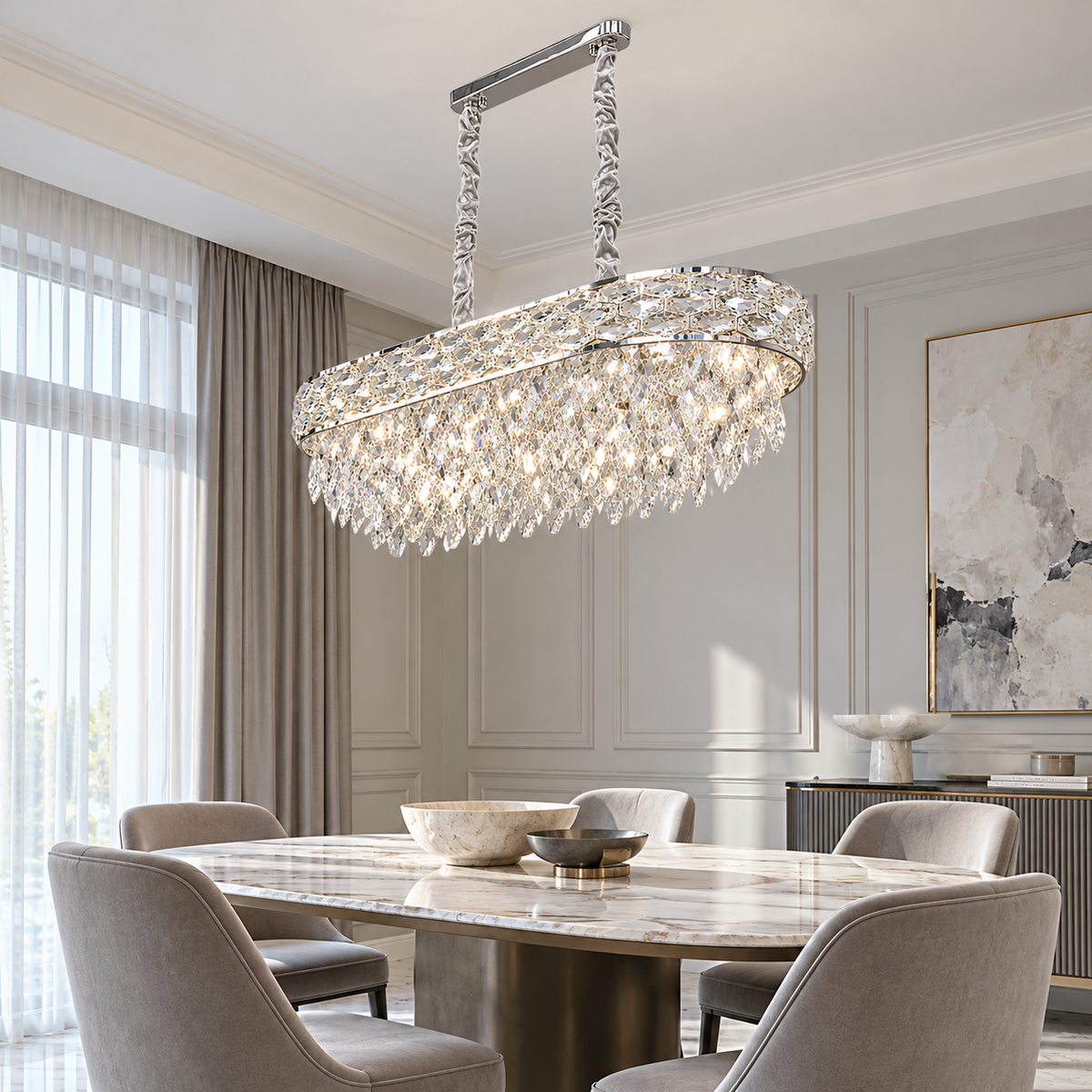 Люстра видовжена срібна з кришталевим плафоном L - 79 cm E14 x 10 Chrome Crystal Coliseum 260935-100009038